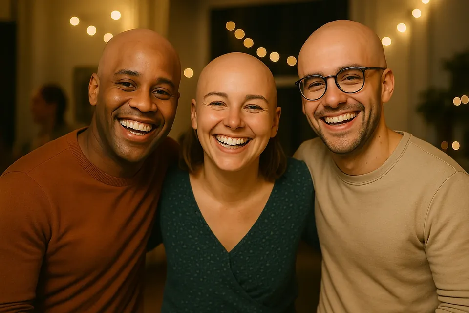 After: A group photo: all three go bald in one pass, glasses and beard kept.