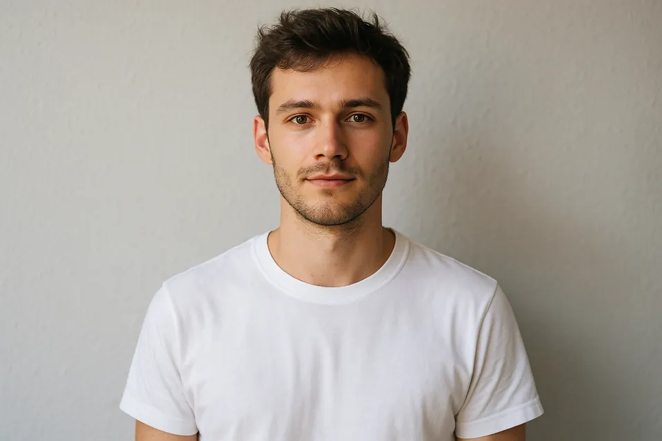 Before: Short dark hair to a smooth shave. His stubble beard stays exactly as it was.