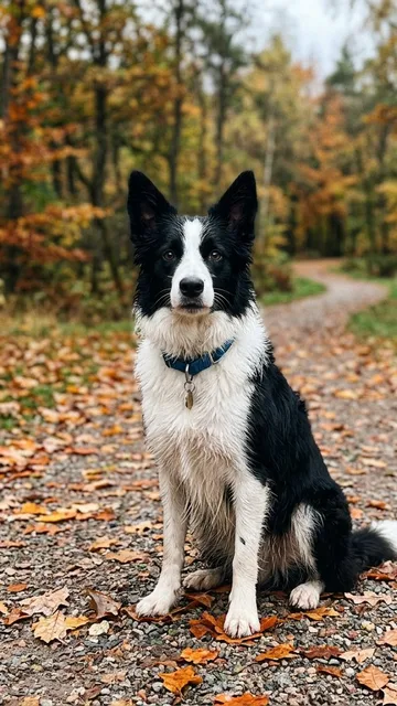 Photo of a black and white border collie with a blue collar sitting on a leafy path
