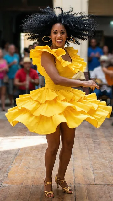 Photo of a woman with curly hair in a yellow ruffled dress, dancing in a town square