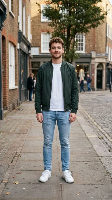Street photo of a young man with curly hair in a green bomber jacket, white t-shirt, jeans and white sneakers