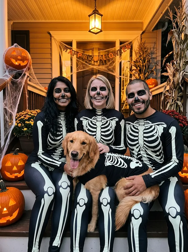 After, Skeleton (group and dog): Three friends and their golden retriever on the couch, now a skeleton crew on a decorated porch.