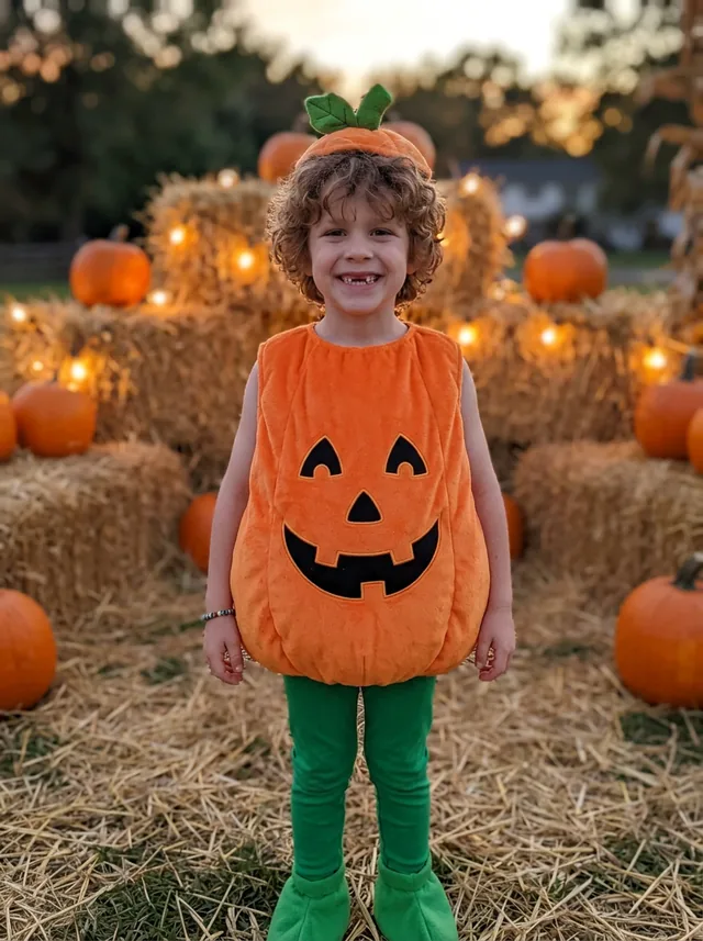 After, Pumpkin (kid): A backyard photo of a six-year-old turned into a pumpkin costume in a pumpkin patch.