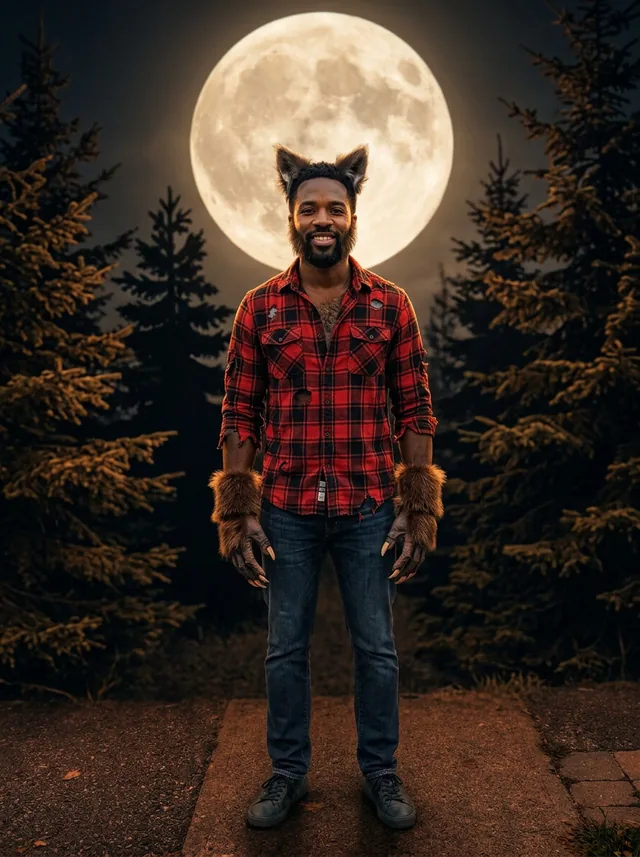 After, Werewolf: A street photo turned into a werewolf costume with ears, fur cuffs and claws, without hiding the face.
