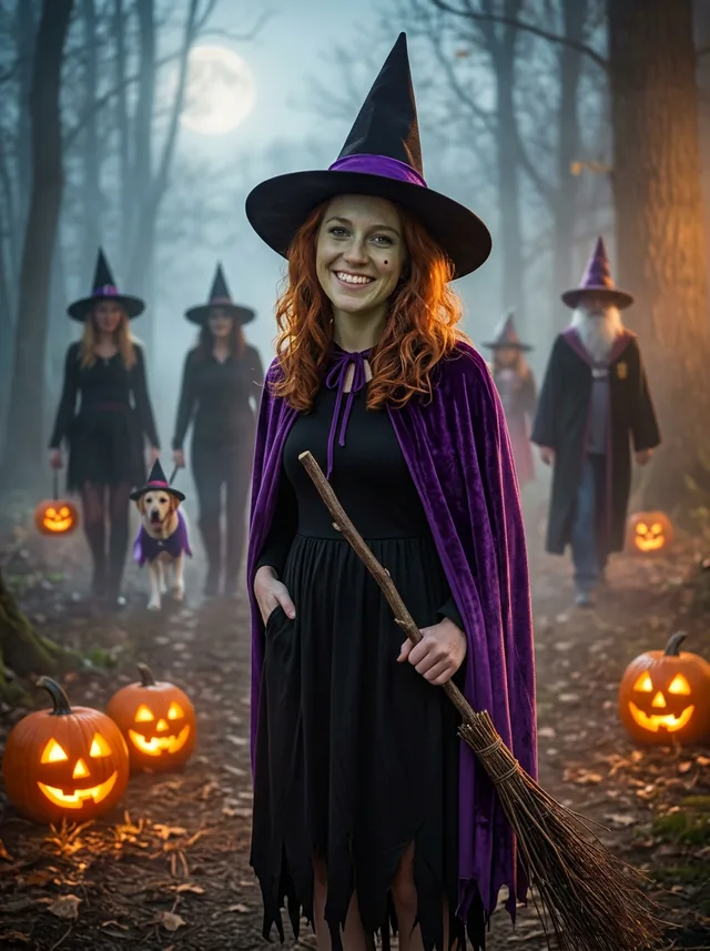 After, Witch: A park photo turned into a witch in a moonlit forest: hat, cape and broom, same freckles and hair.