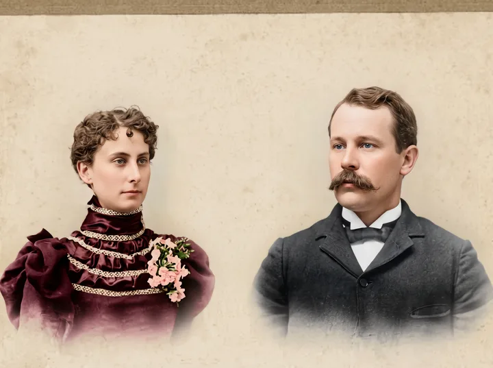 The 1897 couple portrait repaired and colorized by AI in natural period colors