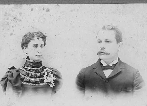 Spotted 1897 studio portrait of a couple before AI restoration
