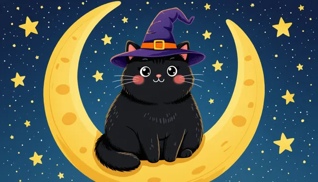 Chat noir sur un croissant de lune