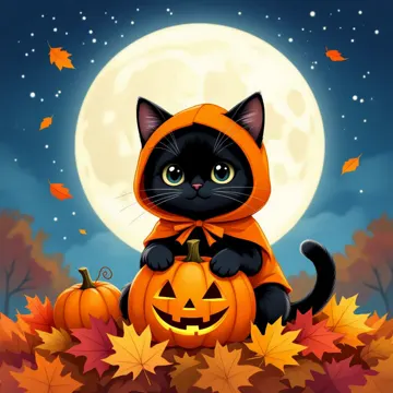 Chat noir dans les citrouilles