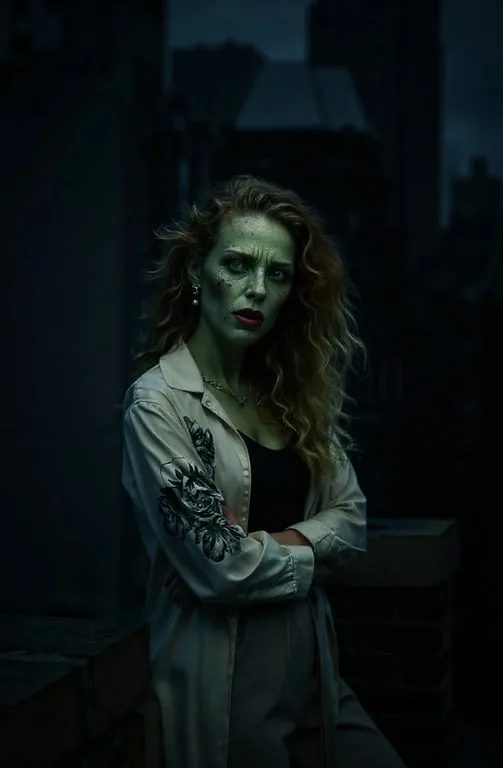 After: Balcony photo turned into a moody green zombie