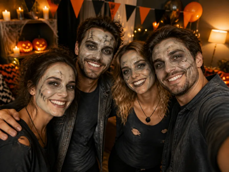 A Halloween party group photo with everyone zombified