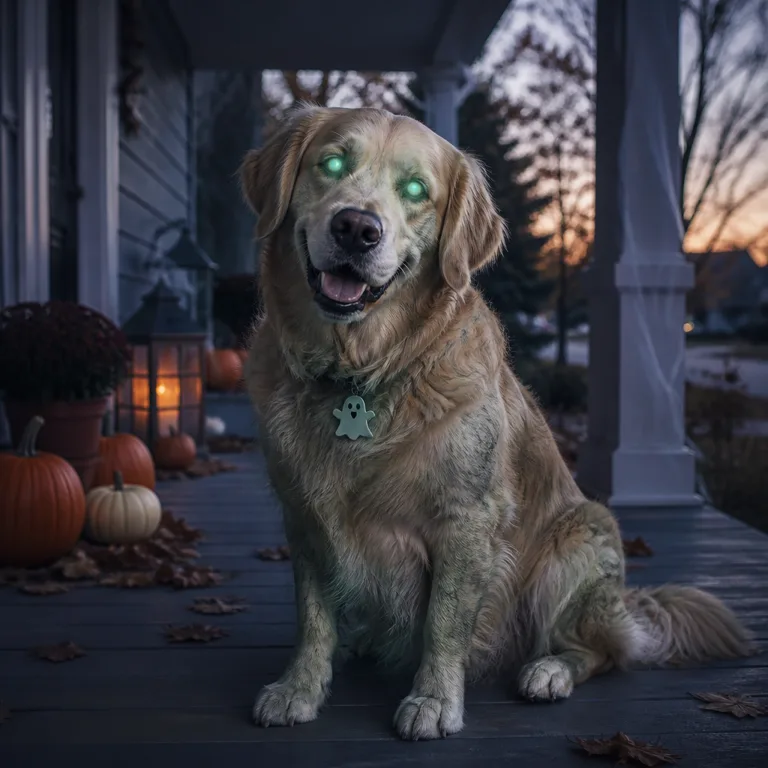 A golden retriever turned into a zombie dog with glowing eyes