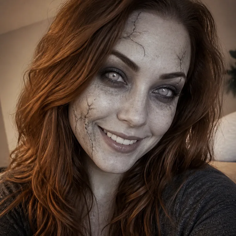 A selfie with a gentle zombie filter: grey skin, cracks and pale eyes