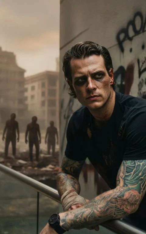 After: Rooftop portrait turned into a cinematic zombie with a ruined city behind