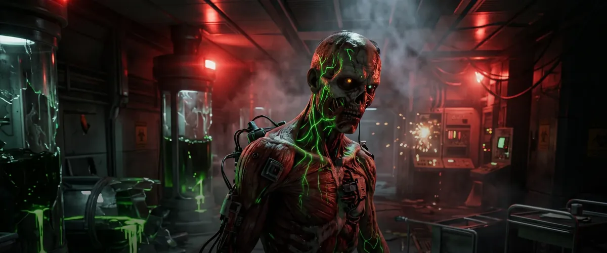 Zombie with glowing green veins standing in a red-lit laboratory