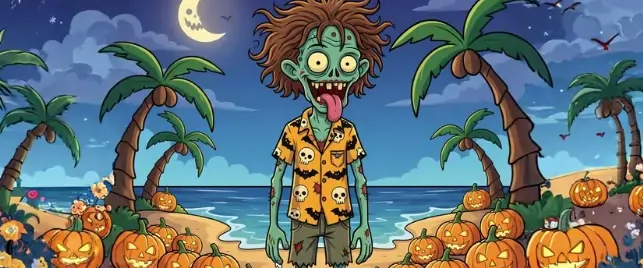 Cute cartoon zombie in a skull-print shirt on a beach full of jack-o’-lanterns