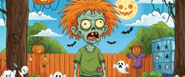 Funny cartoon zombie with orange hair drooling in a backyard decorated for Halloween