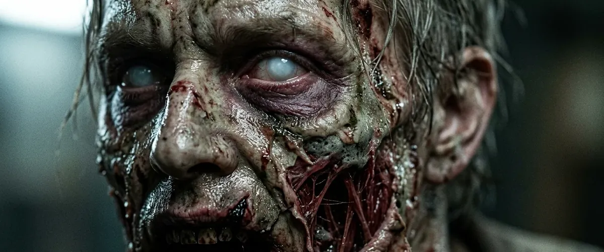 Close-up of a scary zombie face with milky eyes and rotting skin