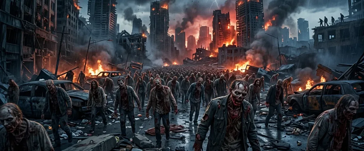 A horde of zombies walking through a burning city at night