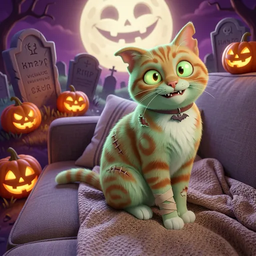 Cartoon zombie cat made from a photo of an orange tabby cat