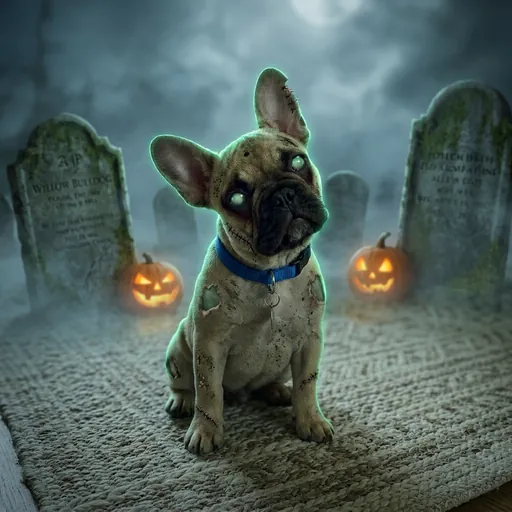 Spooky zombie dog made from a photo of a French bulldog